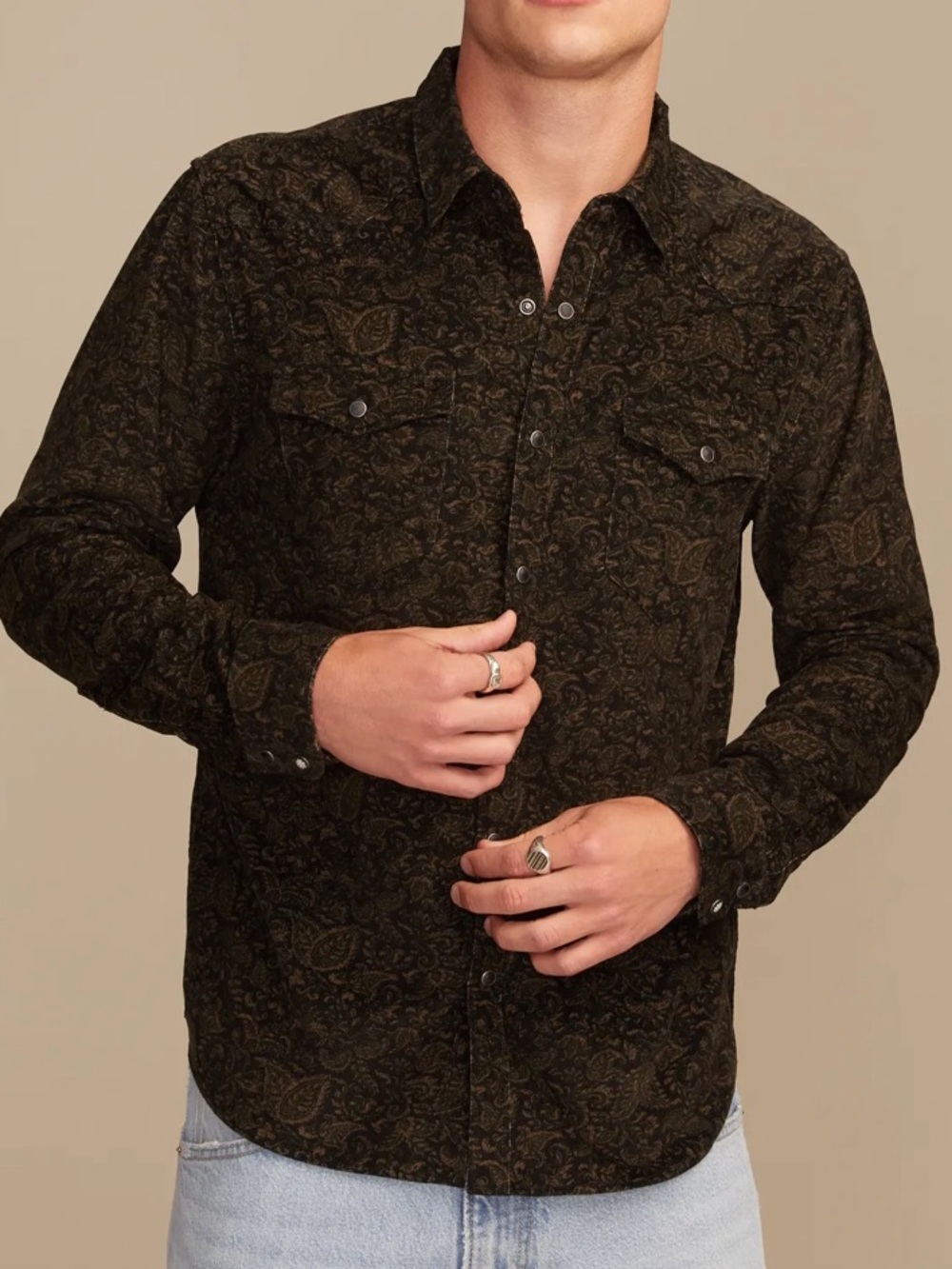 Lucky Brand NWT Western Baby Wale Corduroy  Dark Olive Leaf Print Snap Shirt L